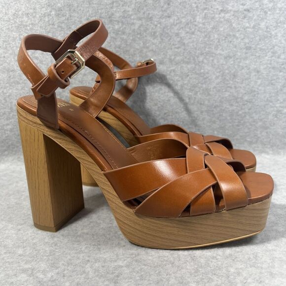 Zara Block Leather Platform Women's 8 US /39 EU Wide Heels Ankle Buckle Strap - Picture 1 of 15